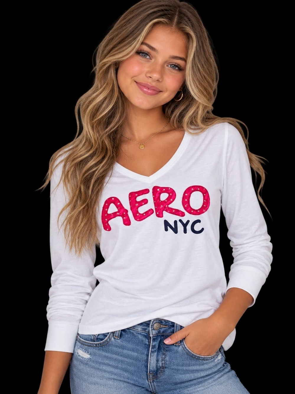 Y2K Aéropostale AERO NYC Pink Rhinestone Graphic Long Sleeve V-Neck Top XL